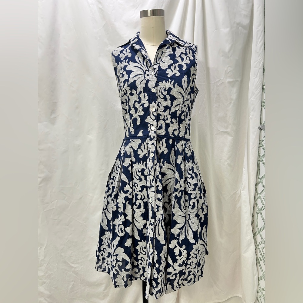 Taylor Navy and White Floral Sleeveless Shirt Dress